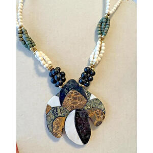 Vintage Mother of Pearl Inlay Necklace & Pierced Earring Green Brown Black Boho